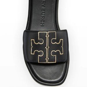 Brand New Tory Burch Double T Leather Medallion Slide Sandals - Black